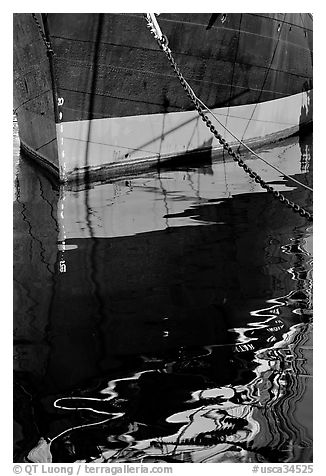 Hull and reflection, Star of India, Maritime Museum. San Diego, California, USA (black and white)