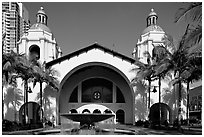 Santa Fe Depot railroad station, constructed for the 1915 Panama-California exhibition. San Diego, California, USA (black and white)