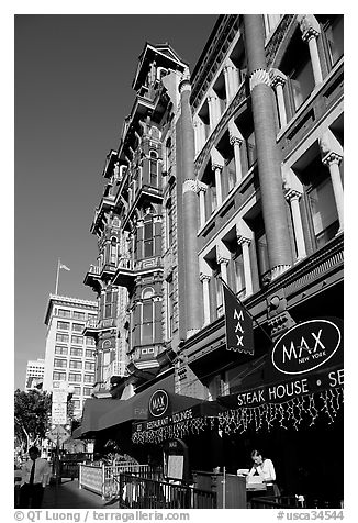 Gaslamp quarter street with historic buildings. San Diego, California, USA (black and white)