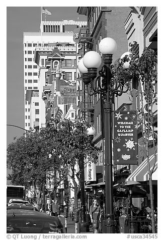 Gaslamp and street in the Gaslamp quarter. San Diego, California, USA