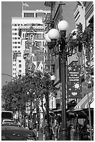 Gaslamp and street in the Gaslamp quarter. San Diego, California, USA (black and white)