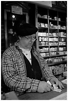 Clerk in Tobacco shop, Old Town. San Diego, California, USA ( black and white)