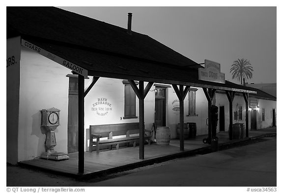 Historic building at night, Old Town State Historic Park. San Diego, California, USA