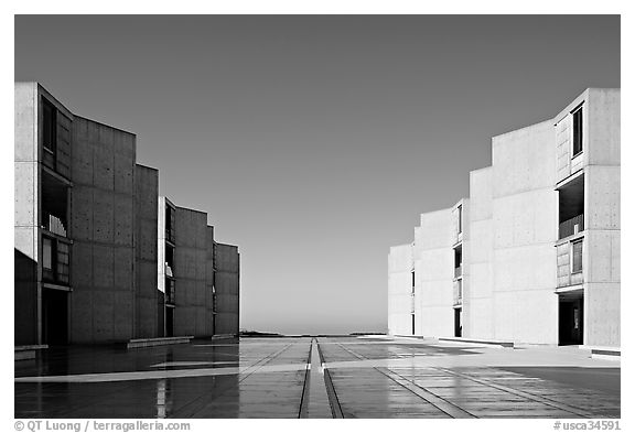 Watercourse bisecting travertine courtyard, Salk Institute. La Jolla, San Diego, California, USA