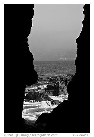View through a seacave at the Cove. La Jolla, San Diego, California, USA (black and white)