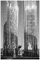 Bell tower reflected in Crystal Cathedral Facade. Garden Grove, Orange County, California, USA ( black and white)