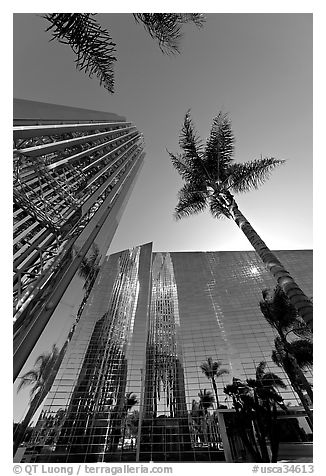 Looking upwards the Crystal Cathedral, with sun shining through the building. Garden Grove, Orange County, California, USA