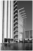 Tower and reflecting pool in the Crystal Cathedral complex. Garden Grove, Orange County, California, USA (black and white)