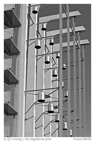 Modern arrangement of Bells in the Crystal Cathedral complex. Garden Grove, Orange County, California, USA (black and white)