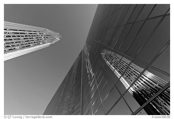 Reflections of the Bell tower in the glass facade of the Crystal Cathedral. Garden Grove, Orange County, California, USA