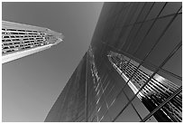 Reflections of the Bell tower in the glass facade of the Crystal Cathedral. Garden Grove, Orange County, California, USA ( black and white)