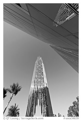 Bell tower and facade of the Crystal Cathedral, designed by Philip Johnson. Garden Grove, Orange County, California, USA (black and white)