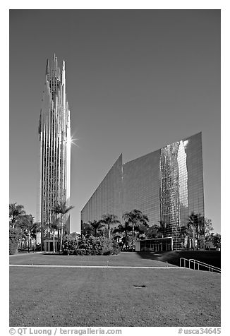 Crystal Cathedral and  bell tower, buildings made of glass for Televangelist Robert Schuller. Garden Grove, Orange County, California, USA (black and white)