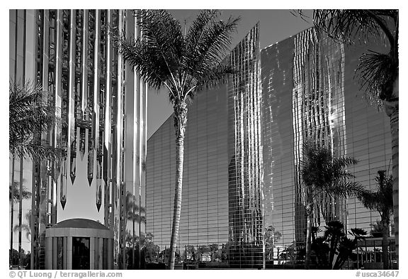 Bell Tower, Crystal Cathedral and reflections. Garden Grove, Orange County, California, USA (black and white)