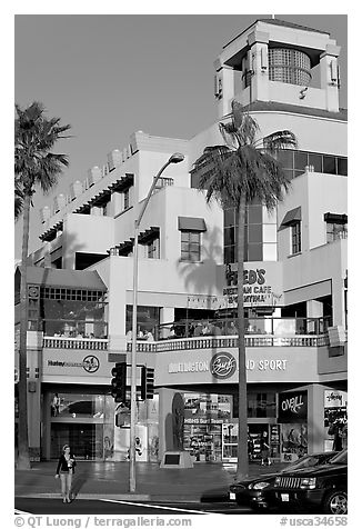 Shopping center on waterfront avenue. Huntington Beach, Orange County, California, USA (black and white)