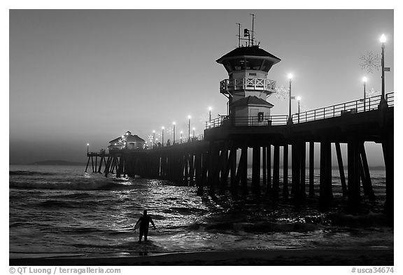 Surfer entering water next to the Huntington Pier, sunset. Huntington Beach, Orange County, California, USA (black and white)