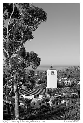 Eucalyptus and church in mission style. Laguna Beach, Orange County, California, USA