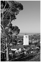 Eucalyptus and church in mission style. Laguna Beach, Orange County, California, USA ( black and white)