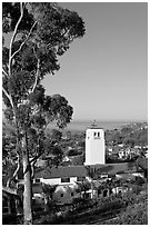 Eucalyptus and church in mission style. Laguna Beach, Orange County, California, USA (black and white)