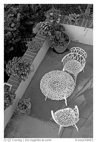 Garden chairs and table seen from above. Laguna Beach, Orange County, California, USA