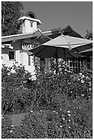 Garden and restaurant. Laguna Beach, Orange County, California, USA (black and white)