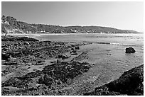 Tidepools and Main Beach, mid-day. Laguna Beach, Orange County, California, USA ( black and white)