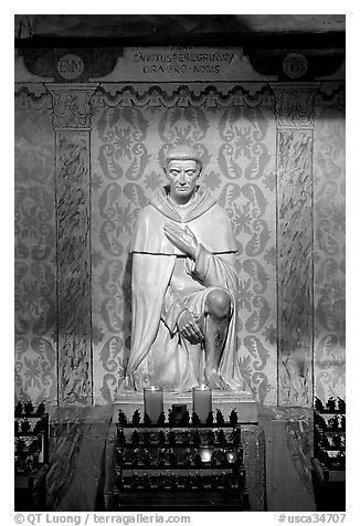 St Peregrine, patron saint of cancer sufferers, Serra Chapel. San Juan Capistrano, Orange County, California, USA (black and white)