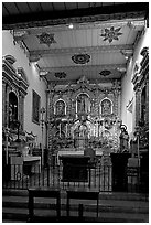 Altar and retablo from Barcelona in the Serra Chapel. San Juan Capistrano, Orange County, California, USA (black and white)