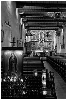 Inside of original mission chapel, constructed in 1782. San Juan Capistrano, Orange County, California, USA (black and white)