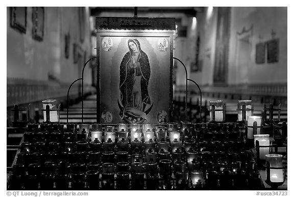 Candles and  Serra Chapel. San Juan Capistrano, Orange County, California, USA (black and white)