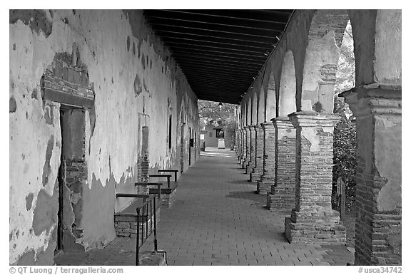 Corridor around the central courtyard. San Juan Capistrano, Orange County, California, USA