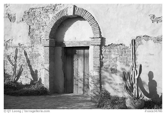 Cactus, and weathered facade. San Juan Capistrano, Orange County, California, USA (black and white)