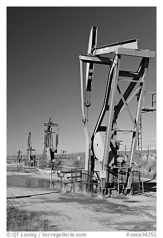 Oil pumping machines, San Ardo Oil Field. California, USA (black and white)