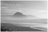 Motorized paraglider, women walking dog, with Morro Rock in the distance. Morro Bay, USA ( black and white)