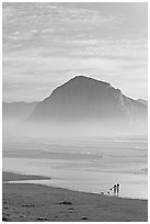 Women walking dog on the beach, with Morro Rock behind. Morro Bay, USA (black and white)