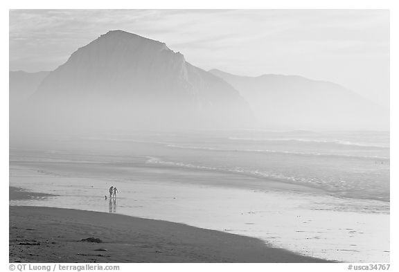 Couple and dog reflected in wet sand, with Morro Rock behind, sunset. Morro Bay, USA (black and white)