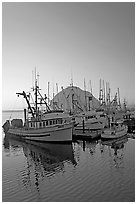 Fishing boats and Morro Rock, sunset. Morro Bay, USA (black and white)