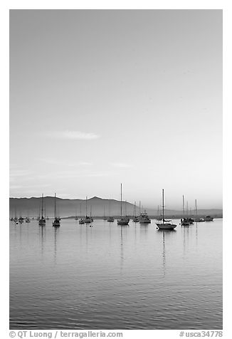 Yachts reflected in Morro Bay harbor, sunset. Morro Bay, USA