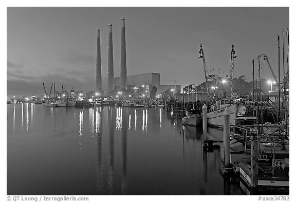 Power station and fishing boats, dusk. Morro Bay, USA (black and white)