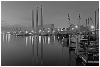 Power station and fishing boats, dusk. Morro Bay, USA (black and white)