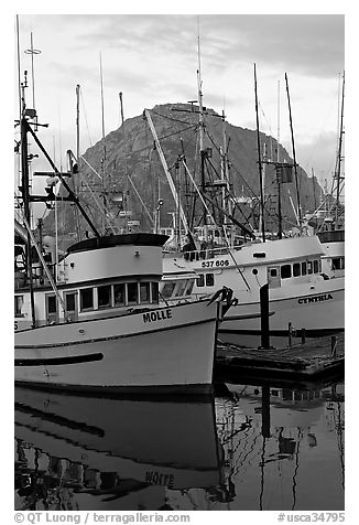 Fishing boats and Morro Rock, sunrise. Morro Bay, USA (black and white)