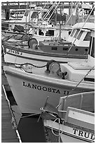 Close-up of colorful fishing boats. Morro Bay, USA (black and white)