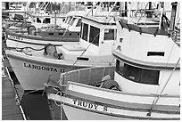 Close-up of colorful fishing boats. Morro Bay, USA (black and white)