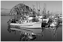 Fishing boats with reflections and Morro Rock, early morning. Morro Bay, USA (black and white)