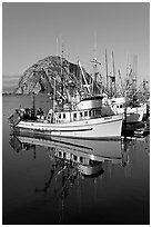 Fishing boats reflected in harbor,  and Morro Rock, early morning. Morro Bay, USA ( black and white)