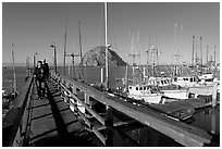 People walking on a deck in the harbor. Morro Bay, USA (black and white)