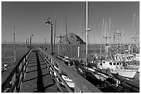 Deck, harbor, and Morro Rock. Morro Bay, USA (black and white)