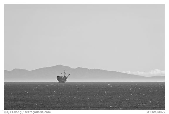 Off-shore oil extraction platform, and Channel Islands. California, USA (black and white)