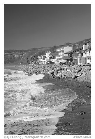 Beachfront homes  near Rincon Island. California, USA (black and white)