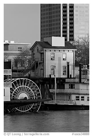 Paddle Steamers, historic house, and high rise building. Sacramento, California, USA (black and white)